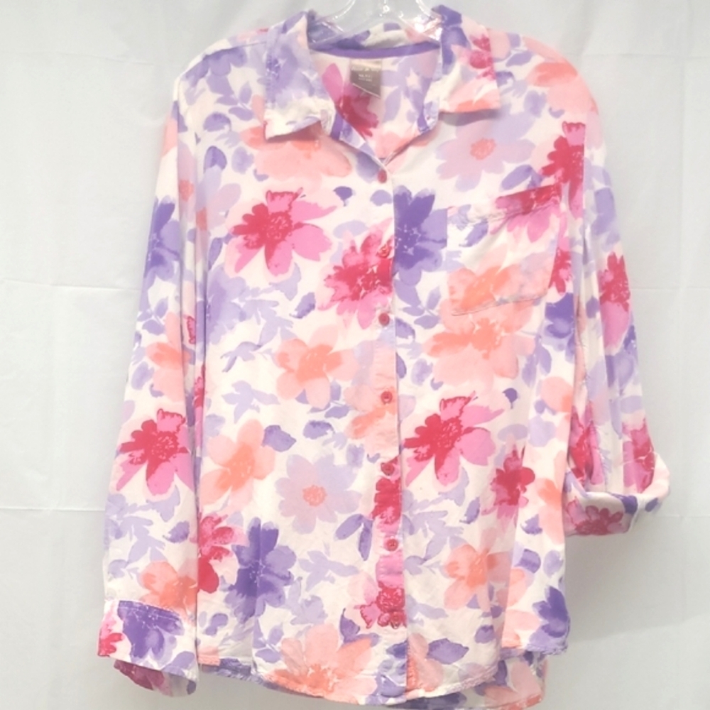 Blouse Top Tunic Long Button Tab Roll Up Sleeve White Pastel Floral Print EUC